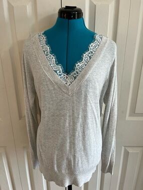 Bailey 44 Light Gray V-Neck Sweater with White Lace Trim